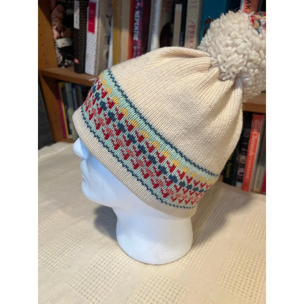 Handmade Wool Knit Beanie Hat Pom Pom Fair Isle Pattern Cream Red‎ Blue Yellow